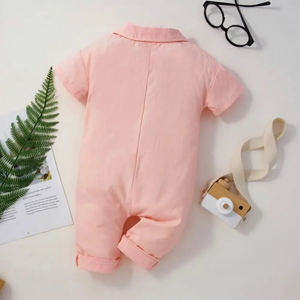 NWT - Size 9-12 month, girls solid lapel collar pocket jumpsuit, one piece, pink